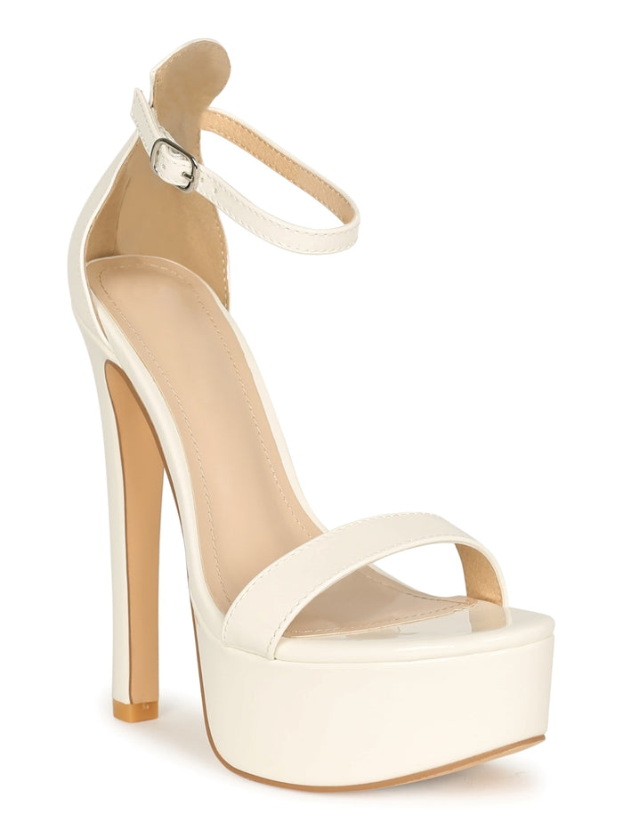 Nina White Patent Platform Stiletto Heels — Women's Ankle Strap High Heel Sandals
