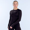 Black fitted long sleeve top with crew neck and small chest logo
