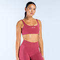 Maroon scoop-back sports bra with racerback straps