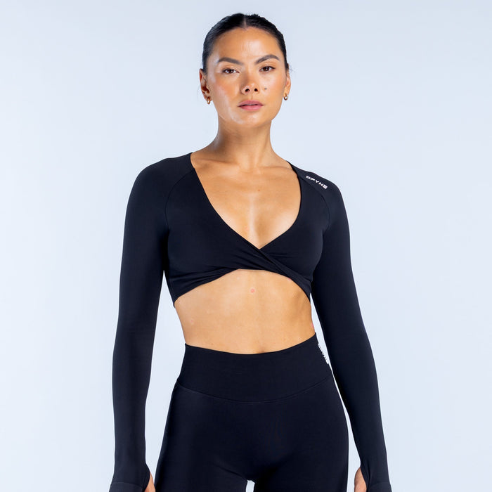 Black twist-front long-sleeve crop top with V-neck