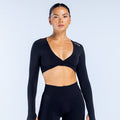 Black twist-front long-sleeve crop top with V-neck