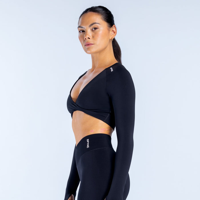 Black twist-front long-sleeve crop top with V-neck and side twist detail