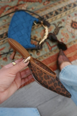Delicious Knit Leopard Print Mesh Kitten Heel Mules – Pointed Toe Slip-On Low Heels