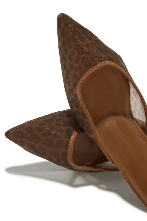 Delicious Knit Leopard Print Mesh Kitten Heel Mules – Pointed Toe Slip-On Low Heels