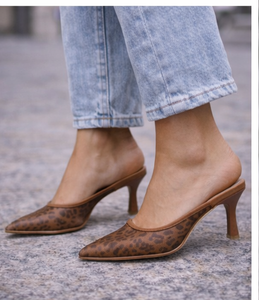 Delicious Knit Leopard Print Mesh Kitten Heel Mules – Pointed Toe Slip-On Low Heels