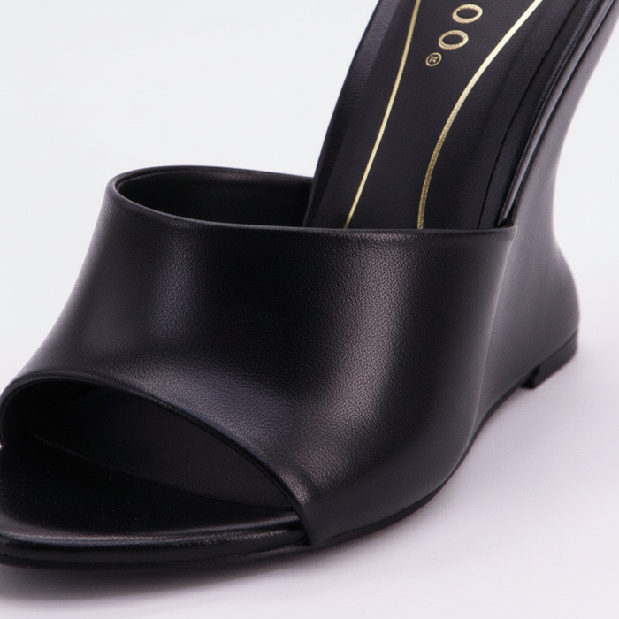 Black Wedge Mule Heels – Sculptural Slip-On Sandals for Women