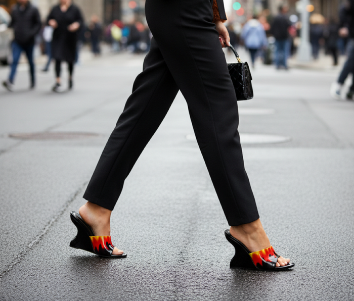 Disappear Flame Print Wedge Mule Heels – Bold Patent Leather Slip-On Sandals