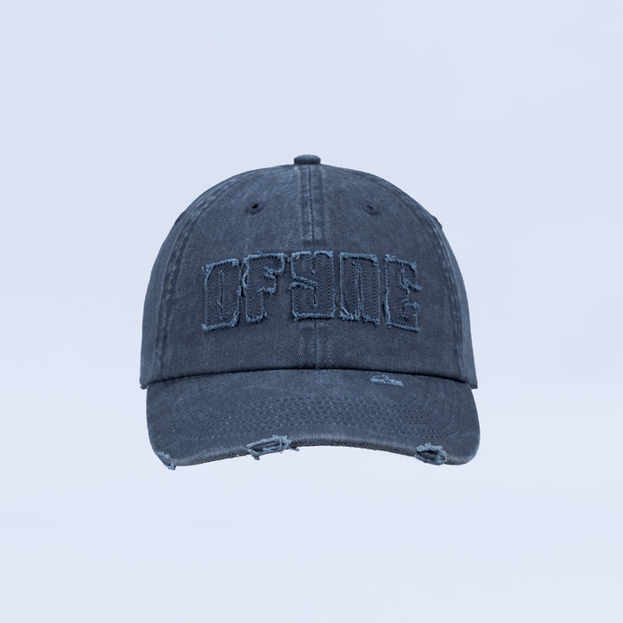 Distressed denim baseball cap with embroidered logo and frayed brim