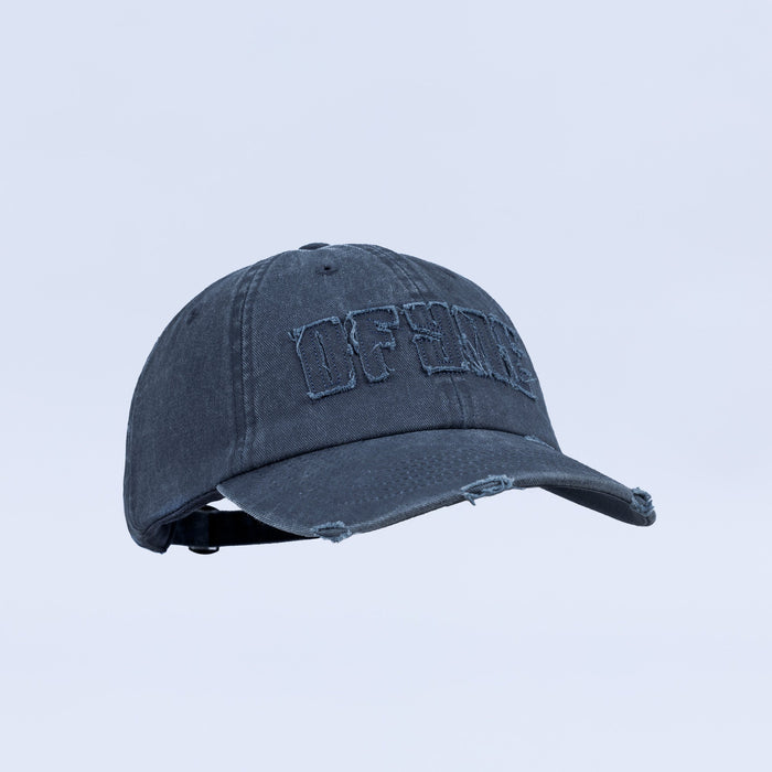 Distressed denim baseball cap with embroidered front logo and distressed curved brim
