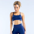 Navy sports bra with thin straps and racerback