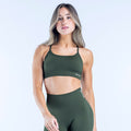 Olive green sports bra with wide underband and curved hem