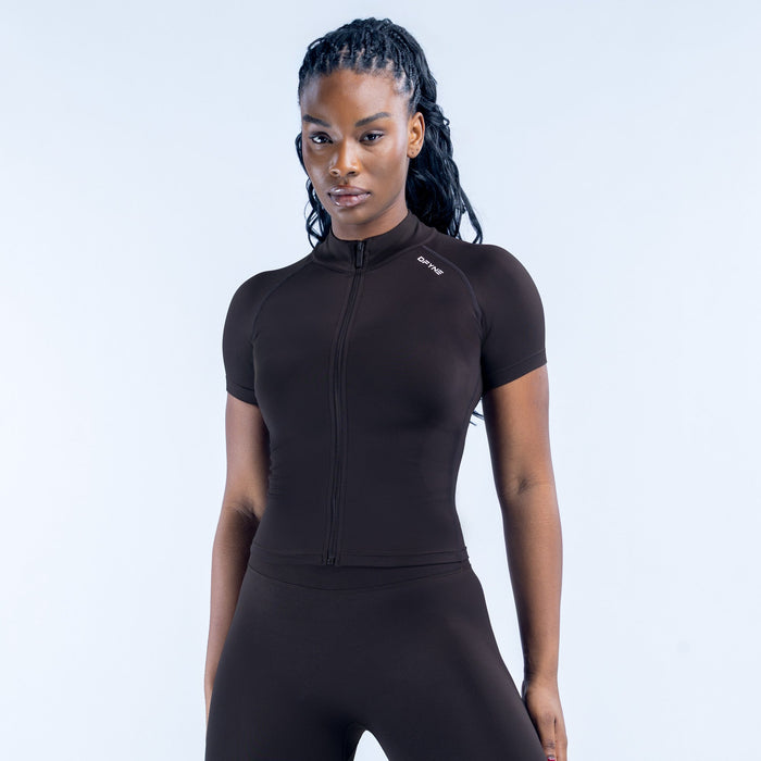 Black short-sleeve zip-up athletic top, full front zipper, slim fit