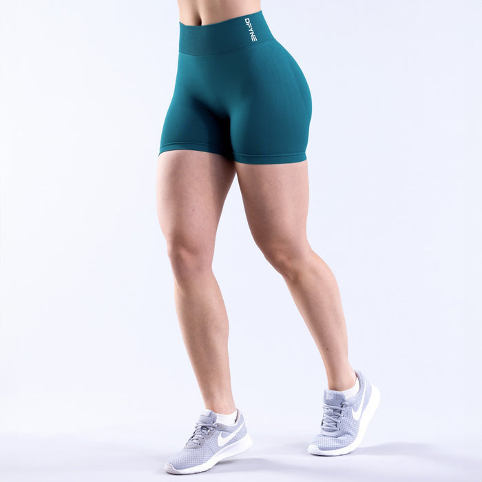 Women's teal 4.5-in athletic shorts with wide waistband, front view