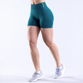 Women's teal 4.5-in athletic shorts with wide waistband, front view
