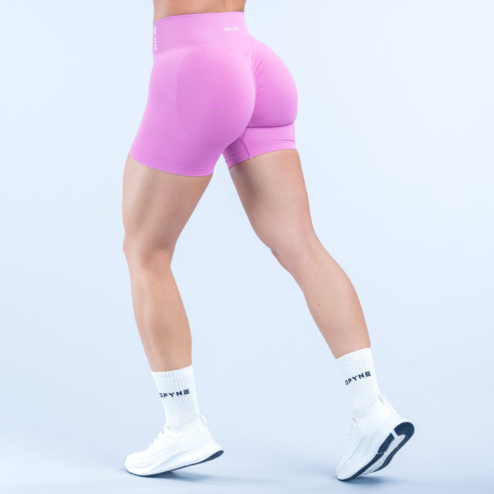 4.5-inch performance shorts, lilac purple, back view with curved seams