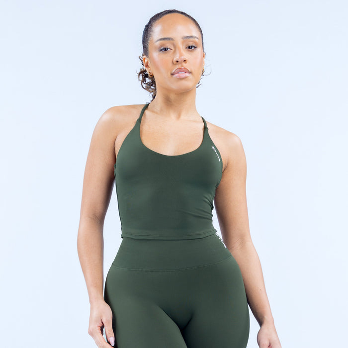 Dark green strappy sports top with racerback straps