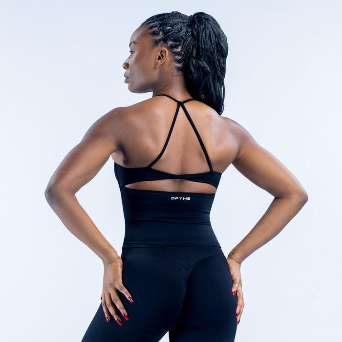 Dark twist-back athletic top, open back with crisscross straps