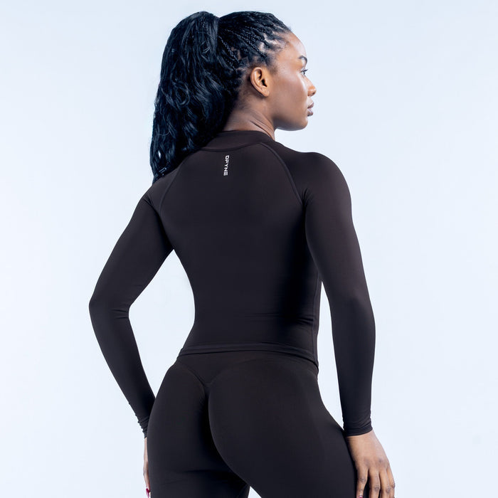 Black full-zip long-sleeve athletic top, back view with small logo