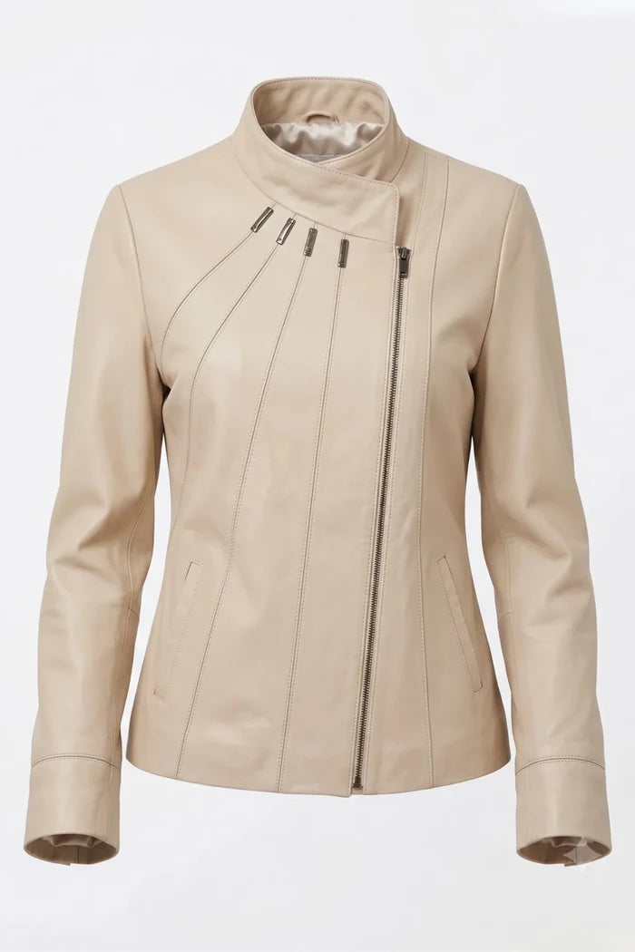 Дамско кожено яке Emerald, бежово, с асиметрично закопчаване с цип Roberto&Co Roberto Fashion Store Jacket LEA0105JCKBEIASM-M XS