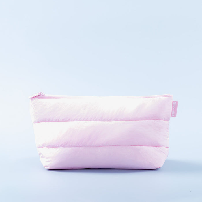 Light pink padded pouch with zip-top and horizontal stitched panels