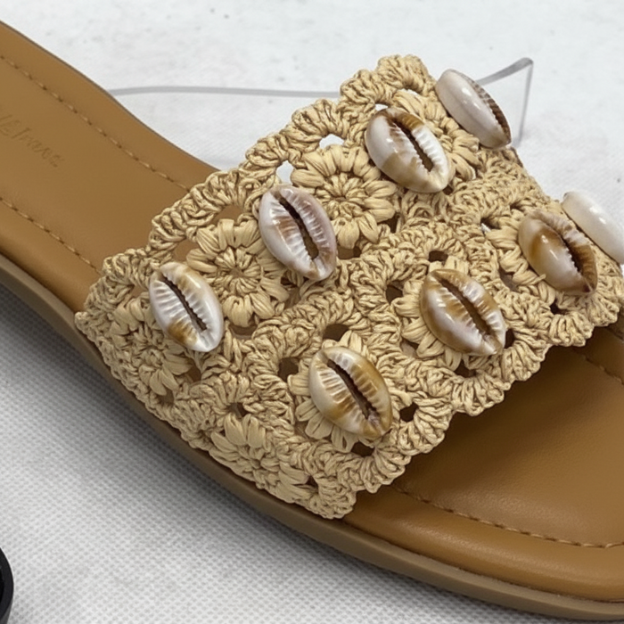 Nude Cowrie Shell Raffia Flat Slide Sandals – Boho Sandals | EstelleShoes