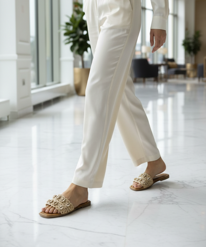 Nude Cowrie Shell Raffia Flat Slide Sandals – Boho Sandals | EstelleShoes