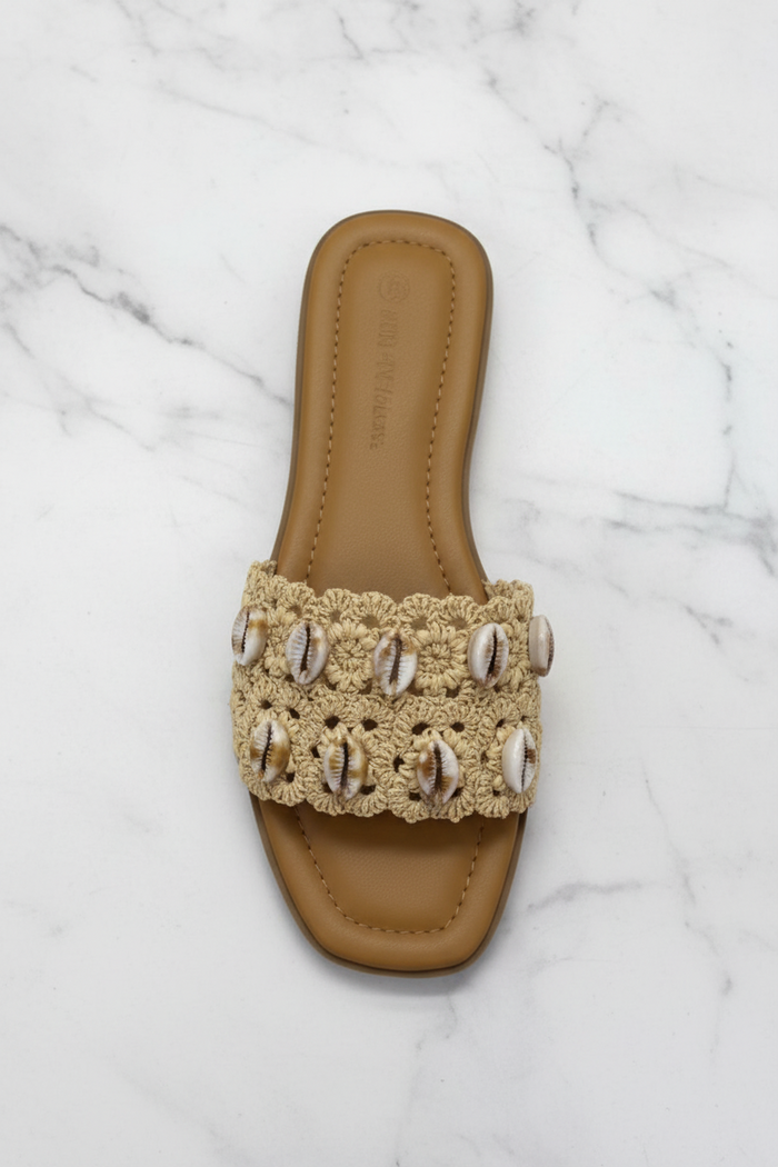 Nude Cowrie Shell Raffia Flat Slide Sandals – Boho Sandals | EstelleShoes