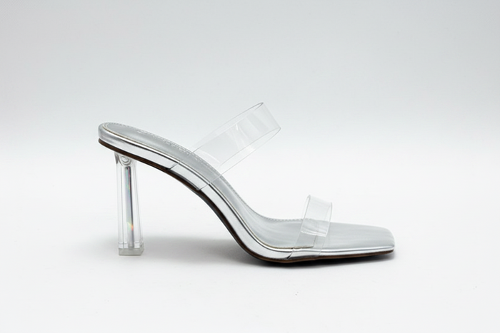Silver Clear PVC Strap Block Heel Mules | Lucite Slingback Sandals