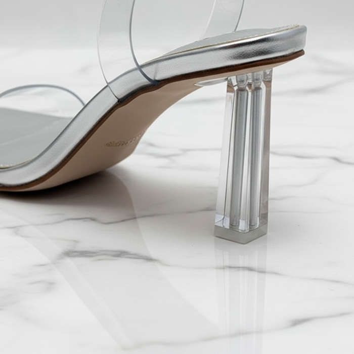 Silver Clear PVC Strap Block Heel Mules | Lucite Slingback Sandals