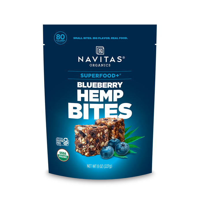 Navitas Organics Superfood+ Blueberry Hemp BITES packaging on a white background