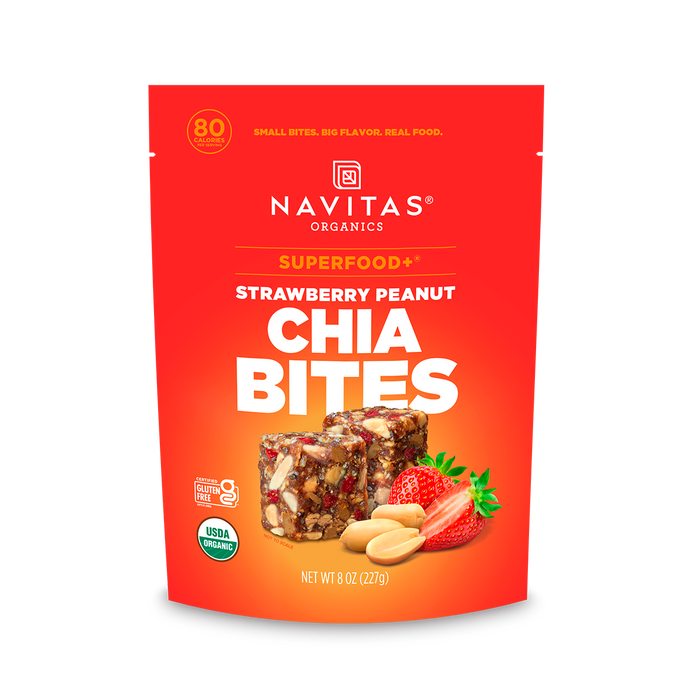 Navitas Organics Superfood+ Strawberry Peanut Chia BITES package on a white background