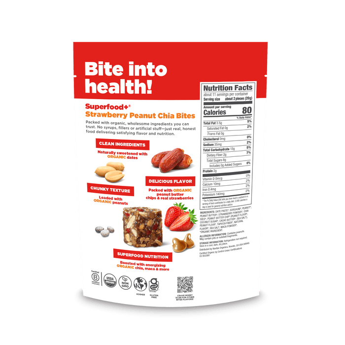Package of Navitas Organics Superfood+ Strawberry Peanut Chia BITES with nutritional information on a black background