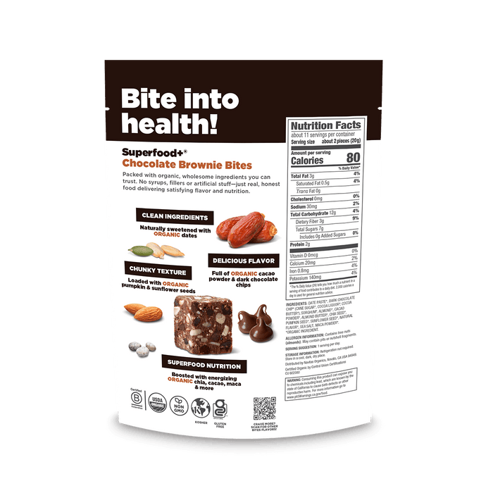 Navitas Organics Superfood+ Chocolate Brownie BITES packaging with nutritional information on a black background