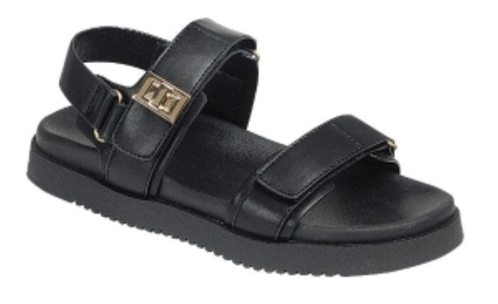 Forever Gigi Black Chunky Sandals — Adjustable Velcro Double Strap Flat Sandals for Women