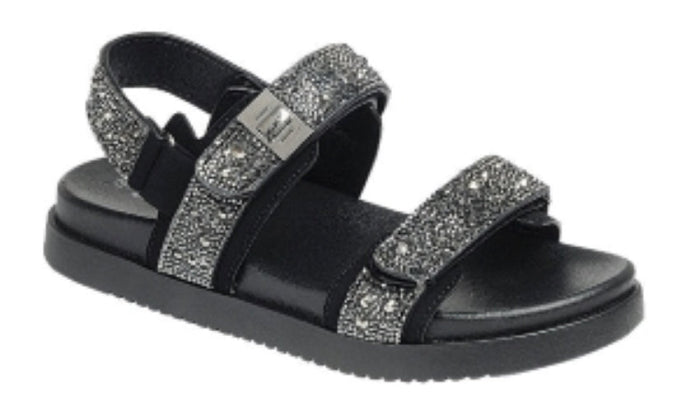 Forever Gigi Rhinestone Embellished Adjustable Velcro Double Strap Chunky Sandals-Black