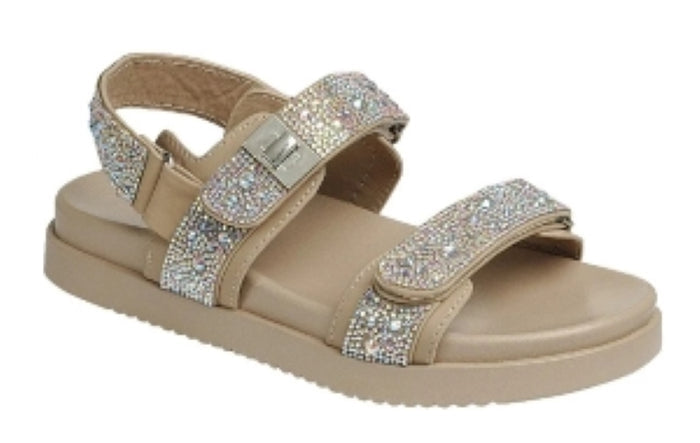 Forever Gigi Rhinestone Embellished Adjustable Velcro Double Strap Chunky Sandals-Nude