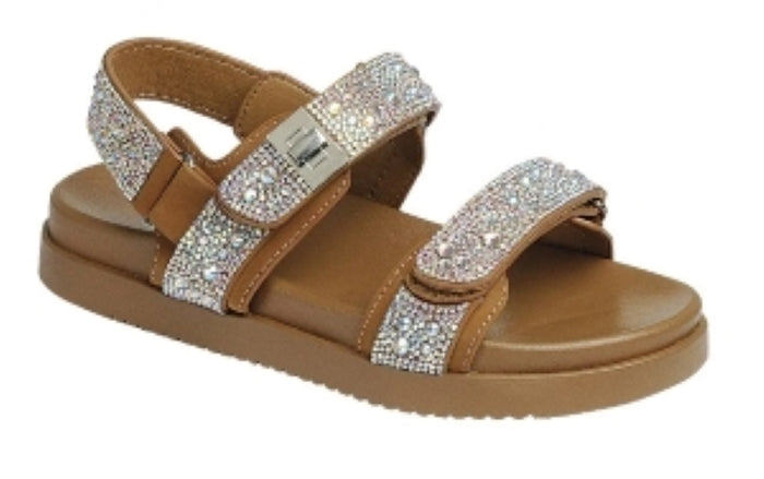 Forever Gigi Rhinestone Embellished Adjustable Velcro Double Strap Chunky Sandals-Brown