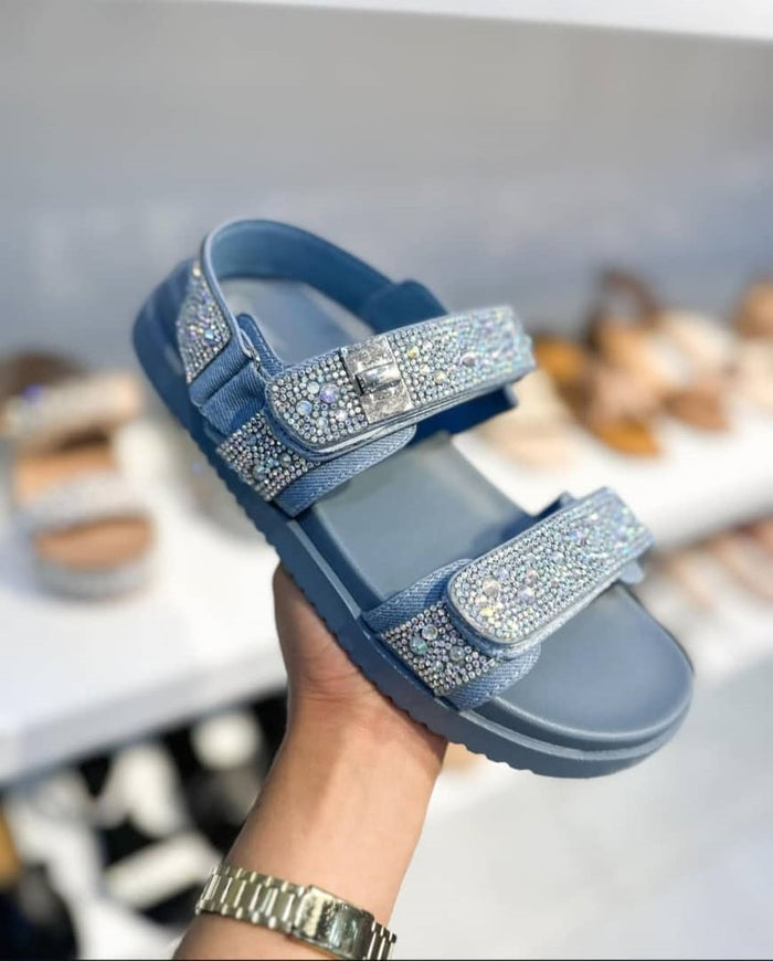 Gigi Rhinestone Embellished Adjustable Velcro Double Strap Chunky Sandals-Denim