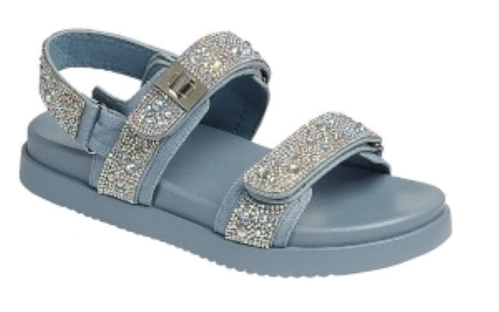 Forever Gigi Rhinestone Embellished Adjustable Velcro Double Strap Chunky Sandals-Denim