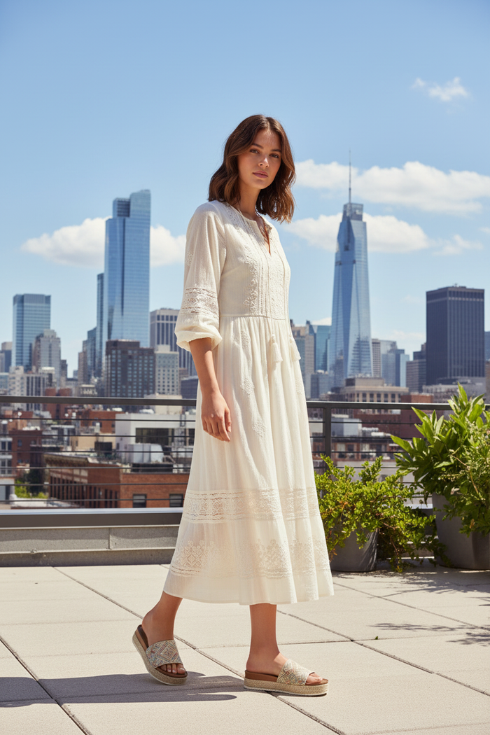 Model wearing Forever Trend-3 Multi platform slide sandals on rooftop terrace with city skyline