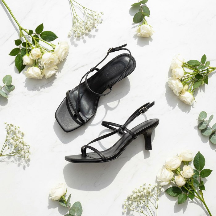 Glacie Women's Black Kitten Heel Slingback Sandals – Strappy Square Toe