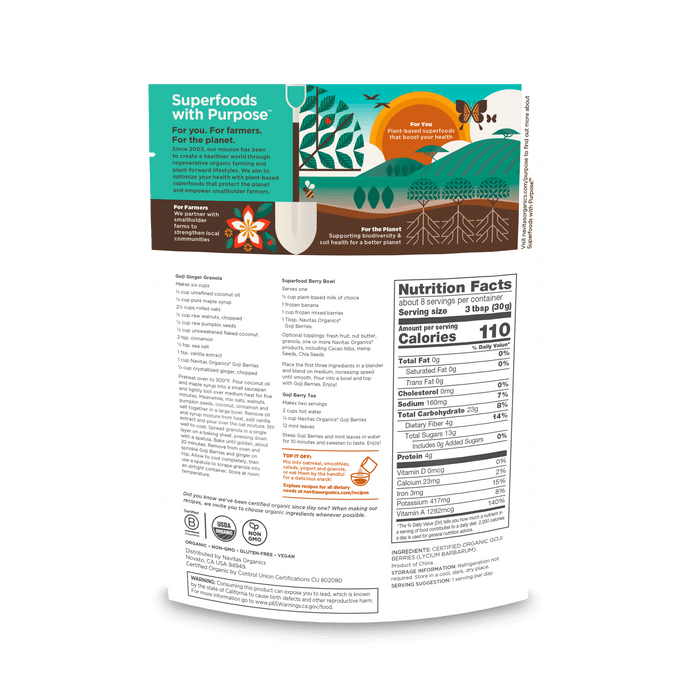 Navitas Organics Goji Berries 8 oz. back of package.