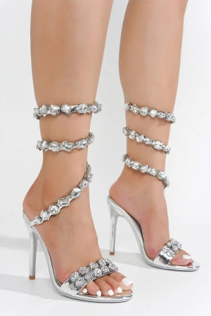 Silver Gem Embellished Ankle Wrap-Around Stiletto Heels - Open Toe Sandals
