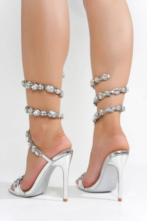 Helia Silver Crystal Rhinestone Wraparound Stiletto Heels – Gem Embellished Ankle Strap Open Toe Sandals