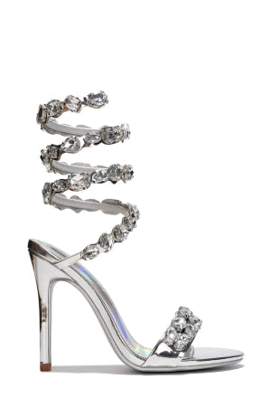 Helia Silver Crystal Rhinestone Wraparound Stiletto Heels – Gem Embellished Ankle Strap Open Toe Sandals