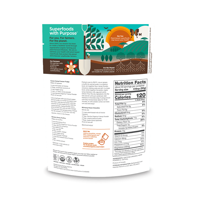 Navitas Organics 32 oz Hemp Powder back of bag.
