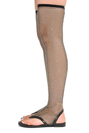 Hude Black Rhinestone Mesh Thigh-High Flat Sandals