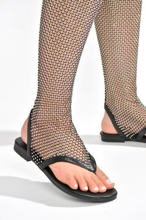 Hude Black Rhinestone Mesh Thigh-High Flat Sandals