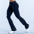 High-waist dark leggings with wide flare hem and subtle seam lines