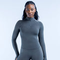 Fitted charcoal gray long-sleeve half-zip athletic pullover with stand collar